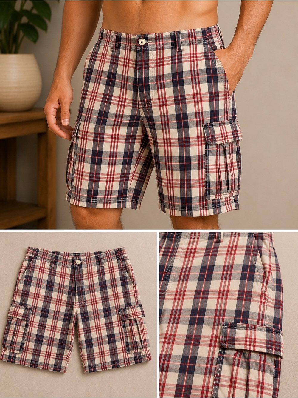 Polo Jeans Ralph Lauren Cargo Shorts Mens 42 Plaid Red Blue Casual Outdoor Walk